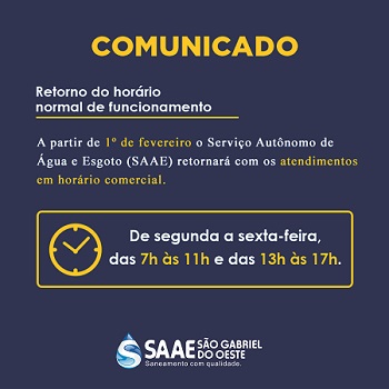 Expediente do SAAE retorna ao horÃ¡rio normal a partir do dia 1 de fevereiro